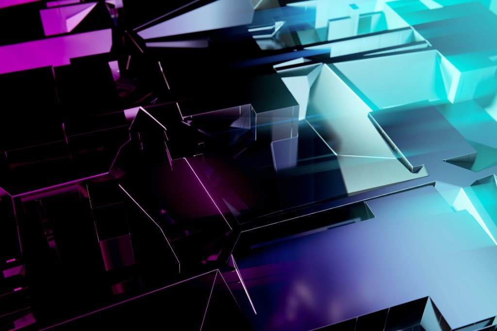 Abstract crystalline structure in magenta and cyan light